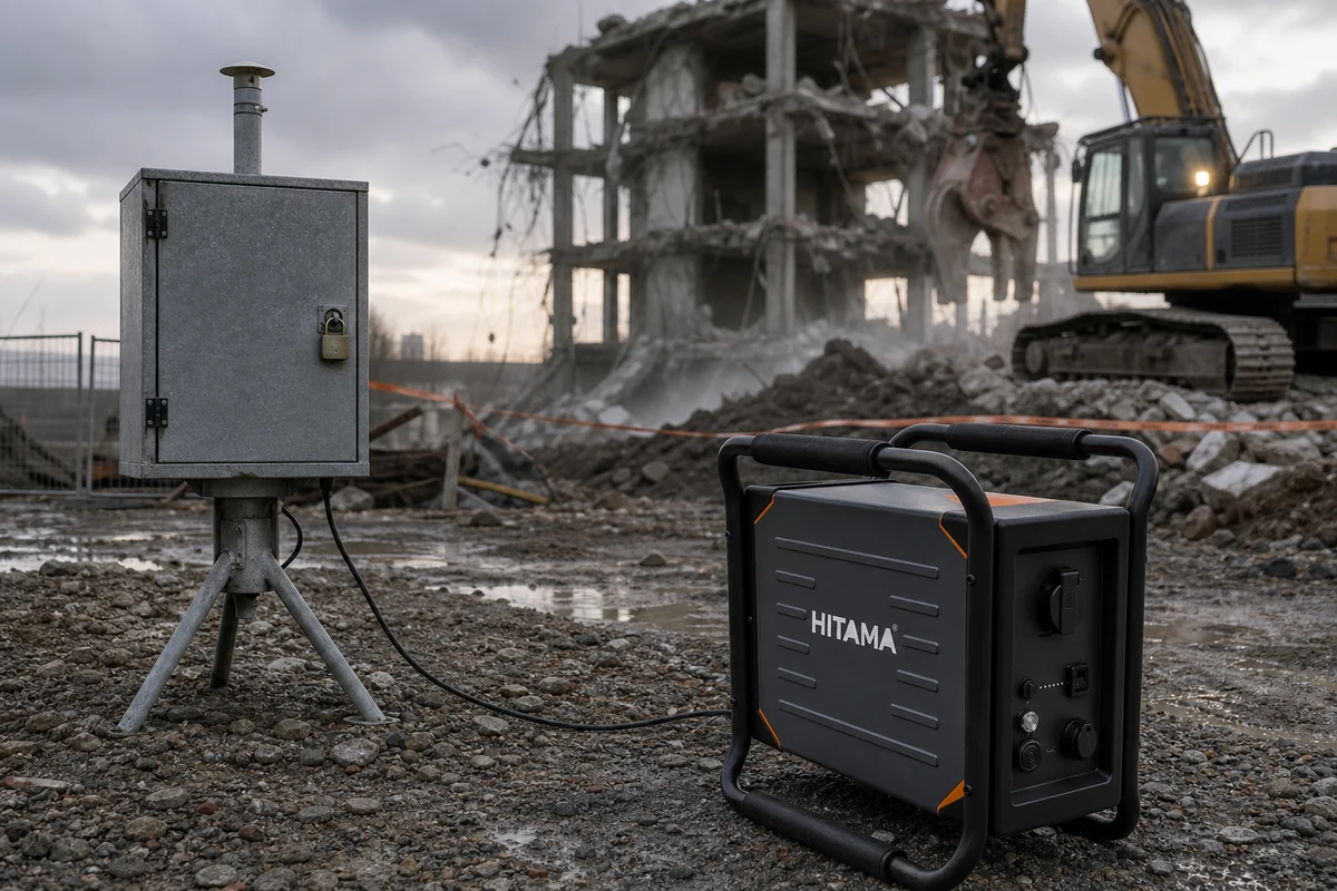 Portable power unit beside a sealed dust monitoring enclosure on a demolition site at dusk