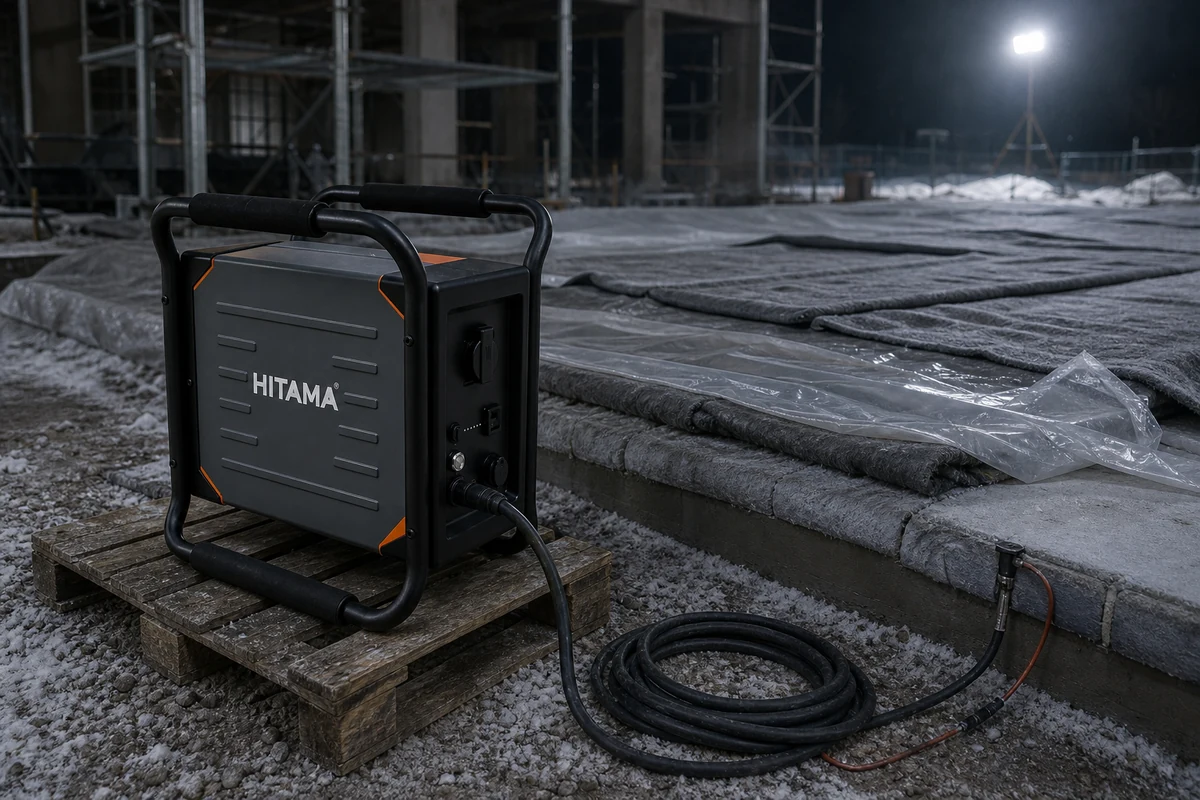 HITAMA P25 portable power unit on a pallet beside a freshly poured concrete slab covered with insulating blankets on a winter construction site at night, heater cables running to the slab, black tubular handle frame, orange corner accents, white HITAMA lettering and right-hand socket panel visible, no people in frame