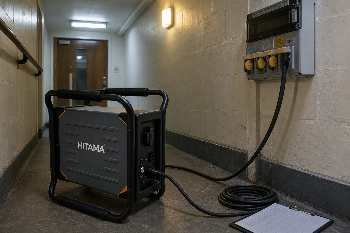 HITAMA P25 portable power unit standing in a communal corridor of an occupied residential building at night, black tubular handle frame, orange corner accents, white HITAMA lettering and right-hand socket panel visible, a distribution cable running along the skirting, no people in frame