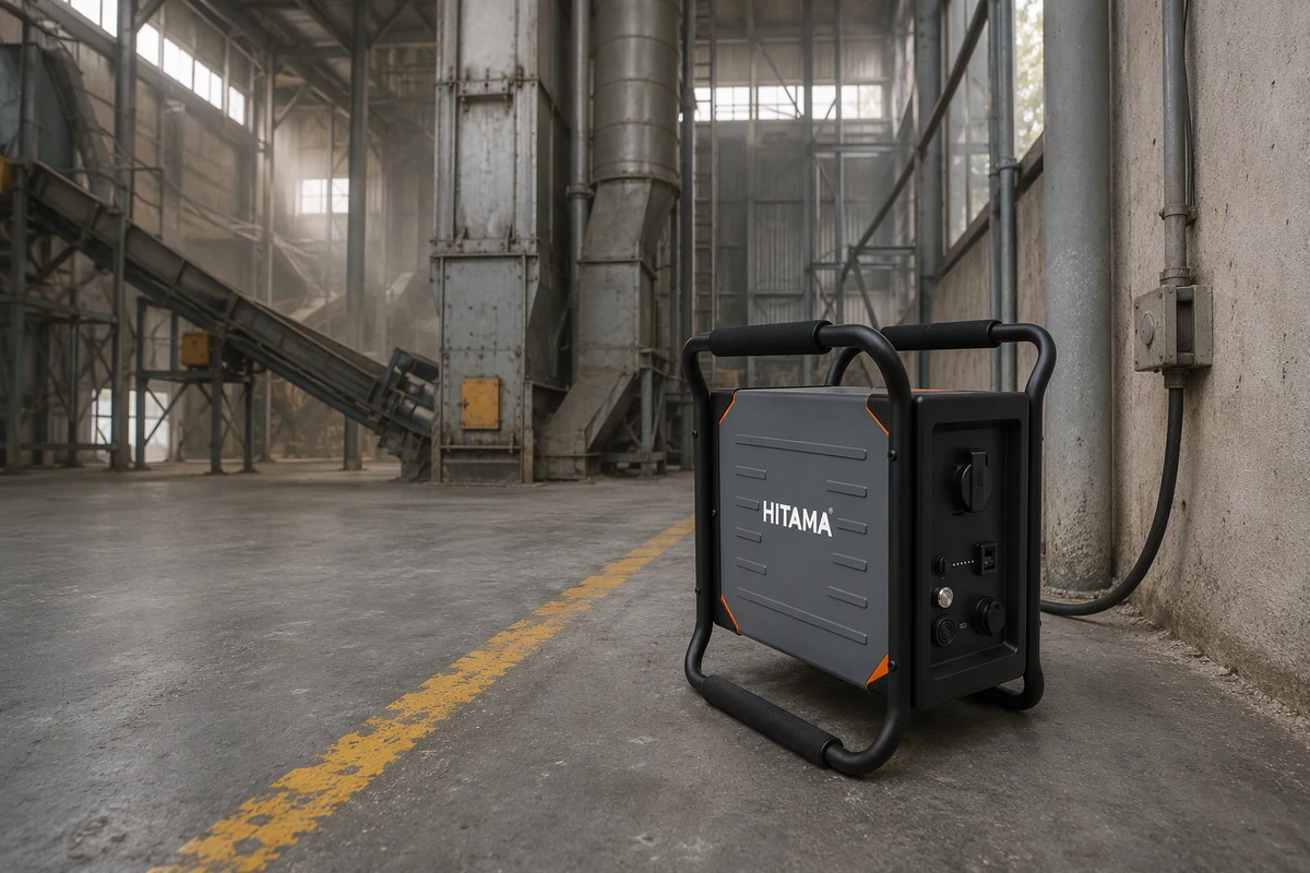 Sealed HITAMA P25 portable power unit standing on the swept concrete floor of a grain intake hall, set down outside a worn yellow dust-zone line, black tubular handle frame, orange corner markers, white HITAMA lettering and right-hand socket panel visible, conveyor and bucket elevator behind it, no people